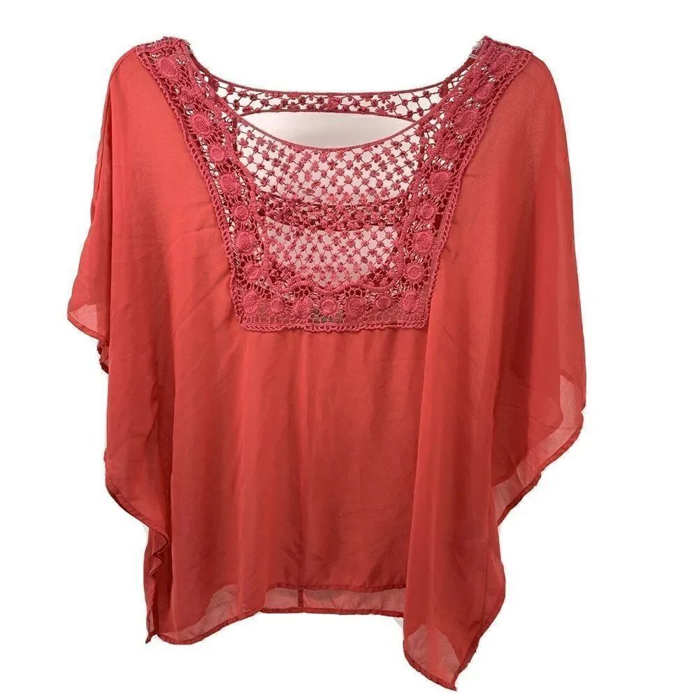 Umgee Pink Dolman Flutter Sleeve Crochet Top Small